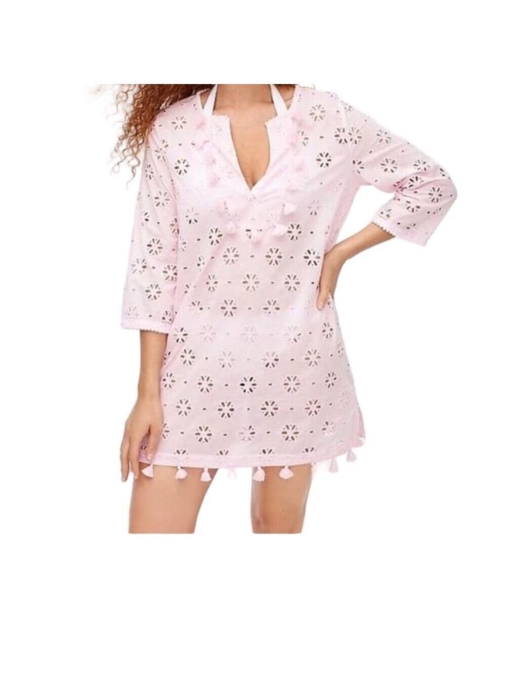 J.CREW Pink Floral Eyelet Pom Pom Beach Cover-Up Tunic XS
